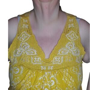 Style & Co Embroidered Lace Crochet V-Neck Top Mustard Yellow XL Boho Festival